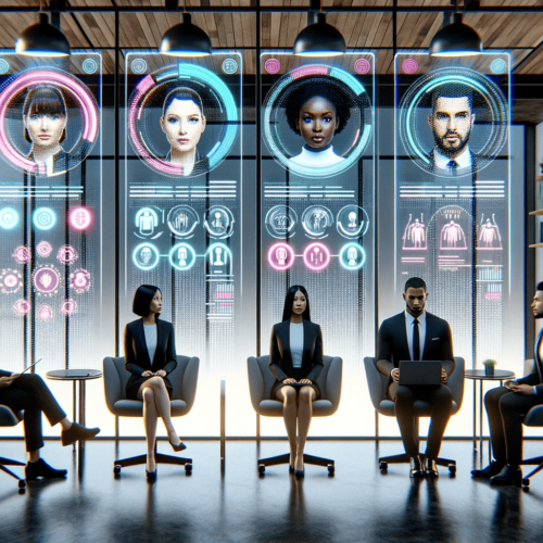 A modern office setting featuring a diverse group of job candidates being evaluated by an advanced AI system. The room is equipped with multiple holog1