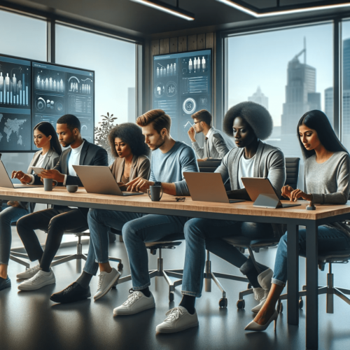 A modern office setting where a diverse team is collaboratively using recruitment software on various devices. The team consists of a Black man, a His