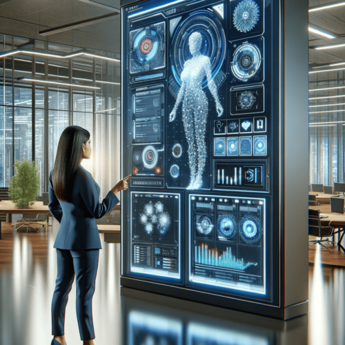 In a futuristic office, a recruiter is seen using a large touch screen interface to navigate a 3D AI recruitment software system. The recruiter is a H1