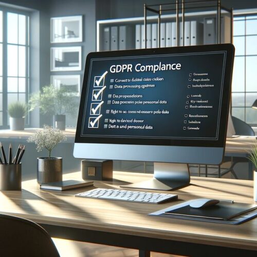 A serene office environment with a focus on a desktop screen displaying a GDPR compliance checklist on recruitment software. The screen is prominently.png